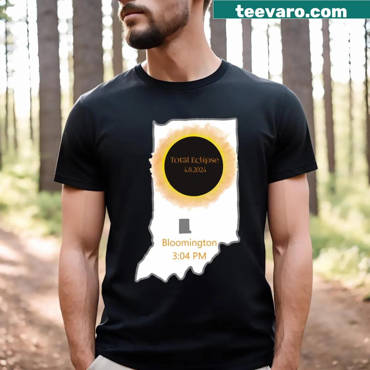 Total Eclipse Indiana 2024 typography t-shirt for astronomy enthusiasts — on a men's t-shirt
