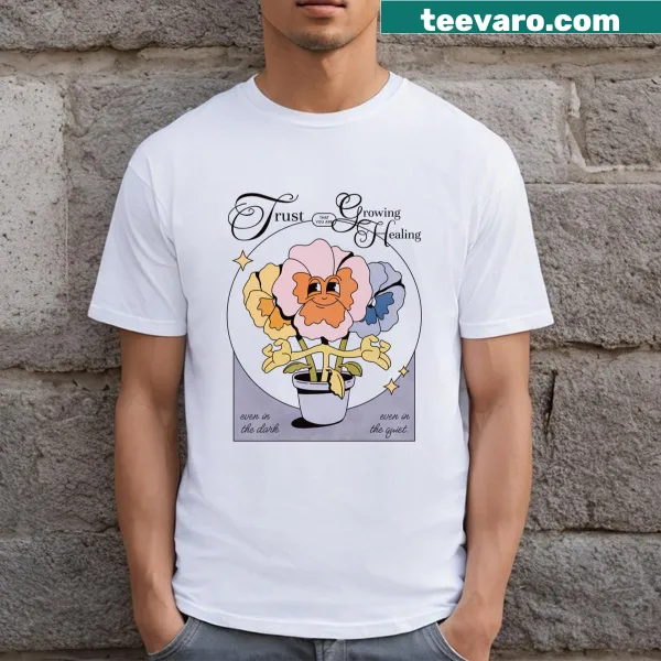 Retro cartoon pansy flower illustration on inspirational t-shirt