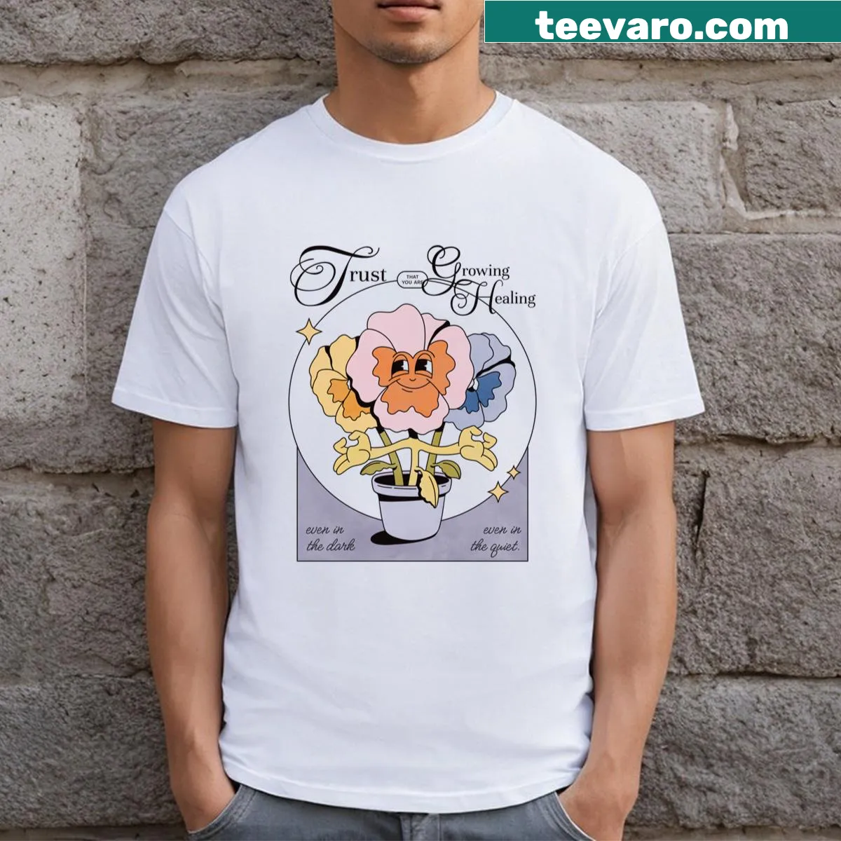 Retro cartoon pansy flower illustration on inspirational t-shirt — on a men's t-shirt