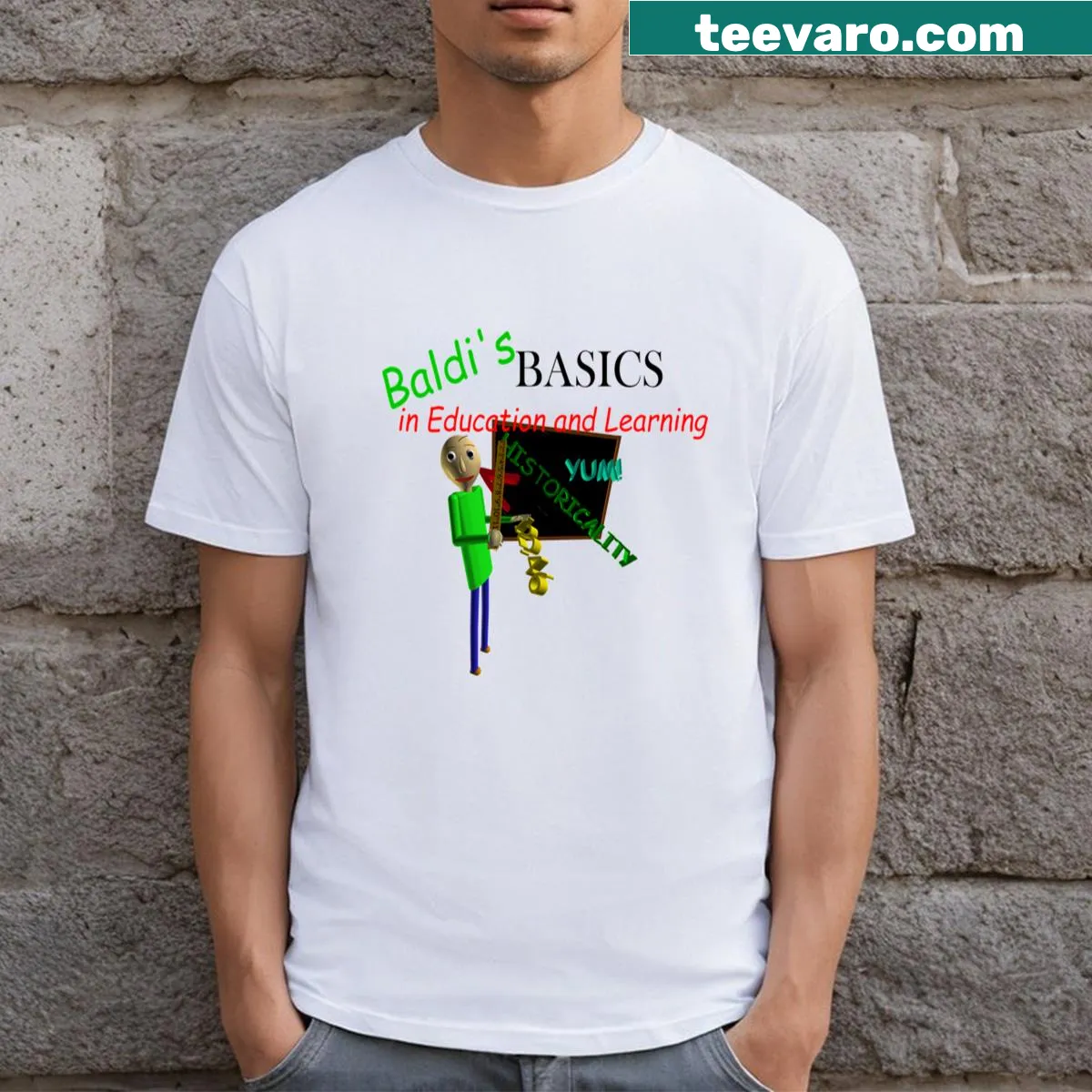 Vintage Baldi's Basics logo on a distressed T-shirt. — on a men's t-shirt