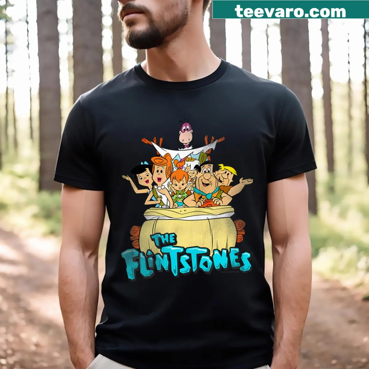 Nostalgic animated sitcom characters on a vintage-style T-shirt. — on a men's t-shirt
