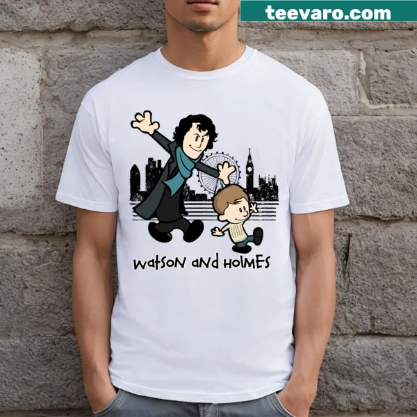 Illustrative design of Watson and Holmes on a classic T-shirt.