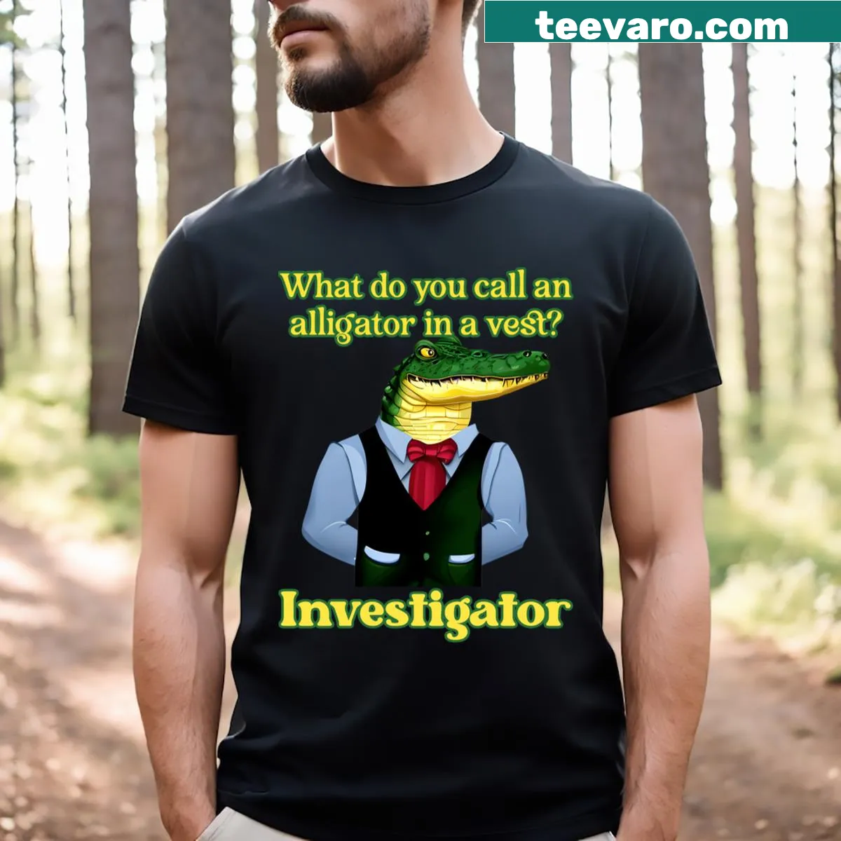 Funny T-shirt featuring the dad joke about an alligator in a vest. — on a men's t-shirt
