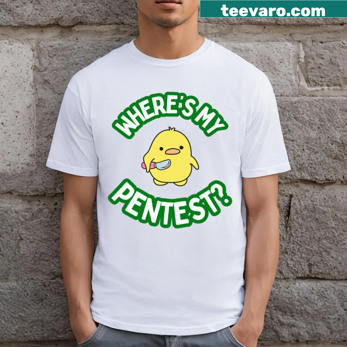 Playful t-shirt featuring a chicken and the phrase 'Where's My Pentest Bird?' — on a men's t-shirt