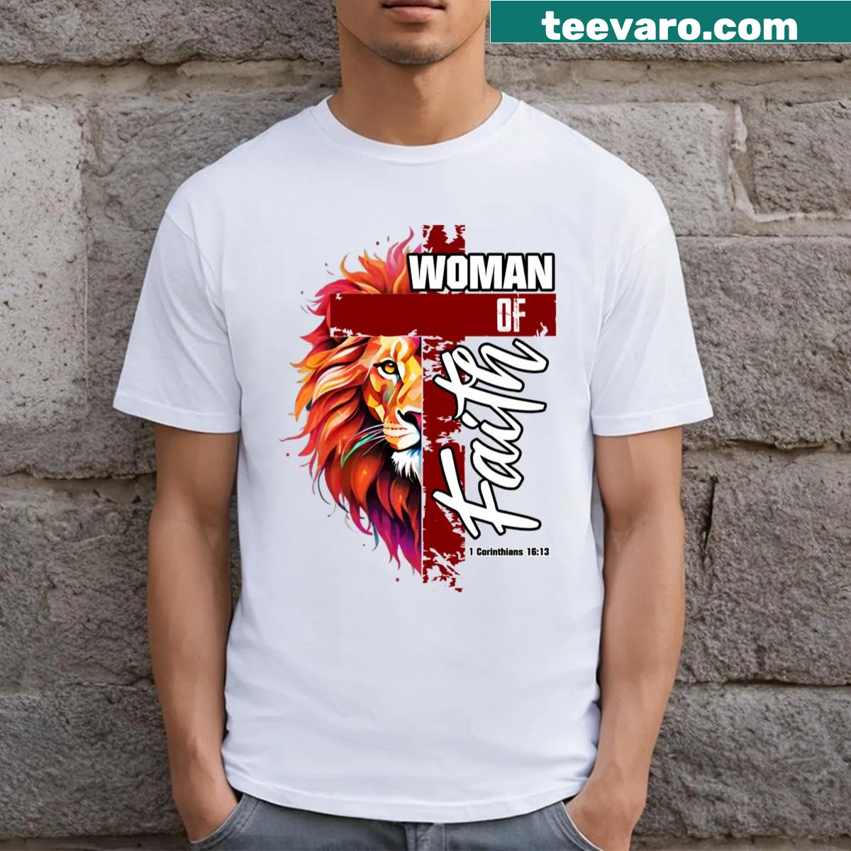 Empowering typography tee for women celebrating faith. — on a men's t-shirt
