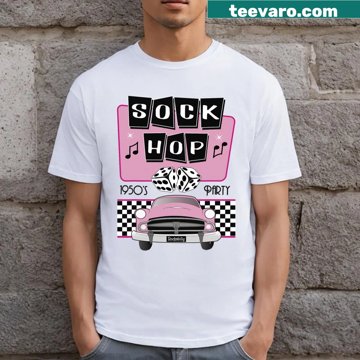 Retro T-shirt celebrating 1950s sock hop dance culture. — on a men's t-shirt