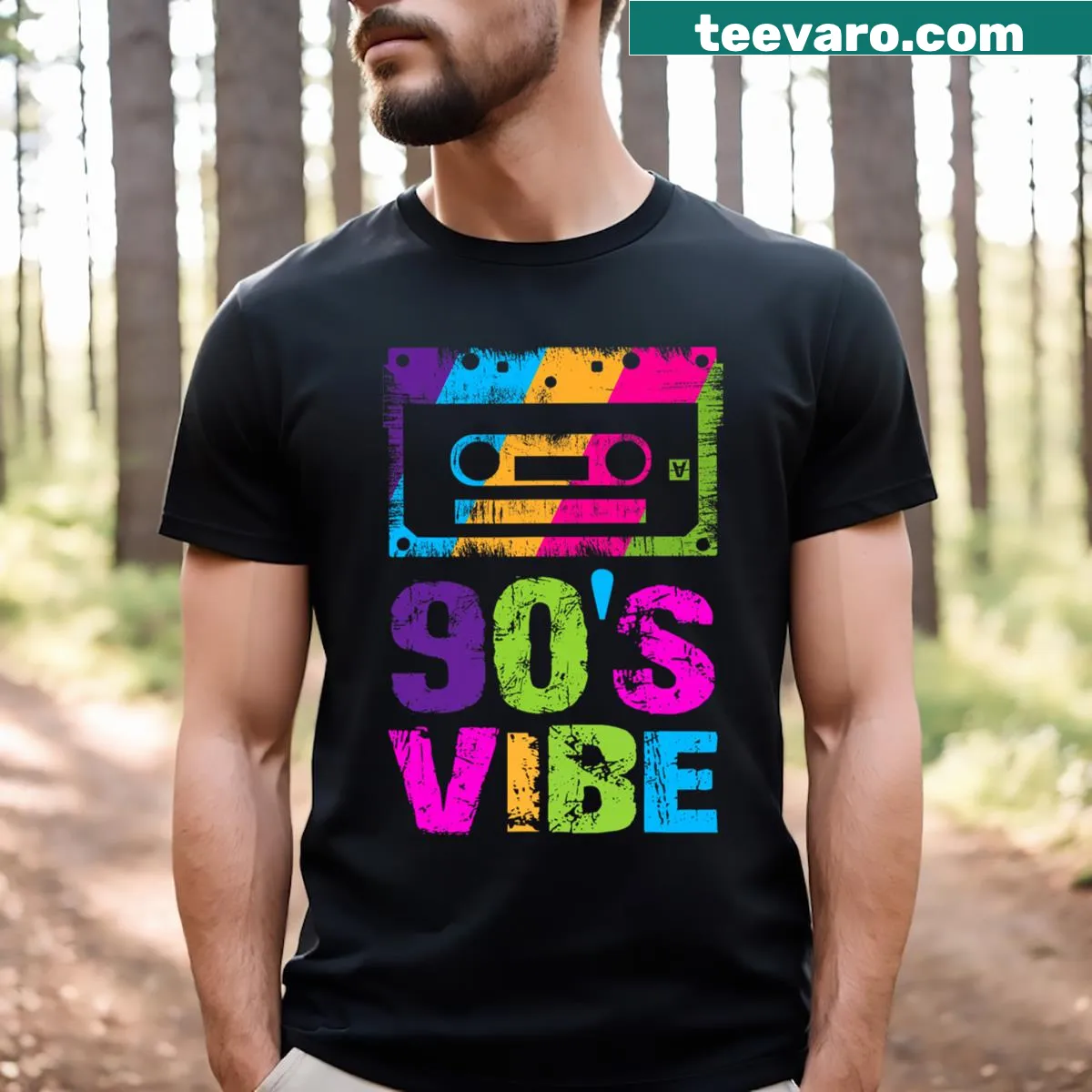 Vintage style 1990s music t-shirt with retro graphics — on a men's t-shirt