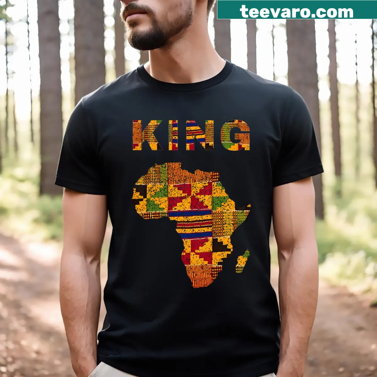 Afro Black King T-shirt with Kente cloth design for family matching — on a men's t-shirt