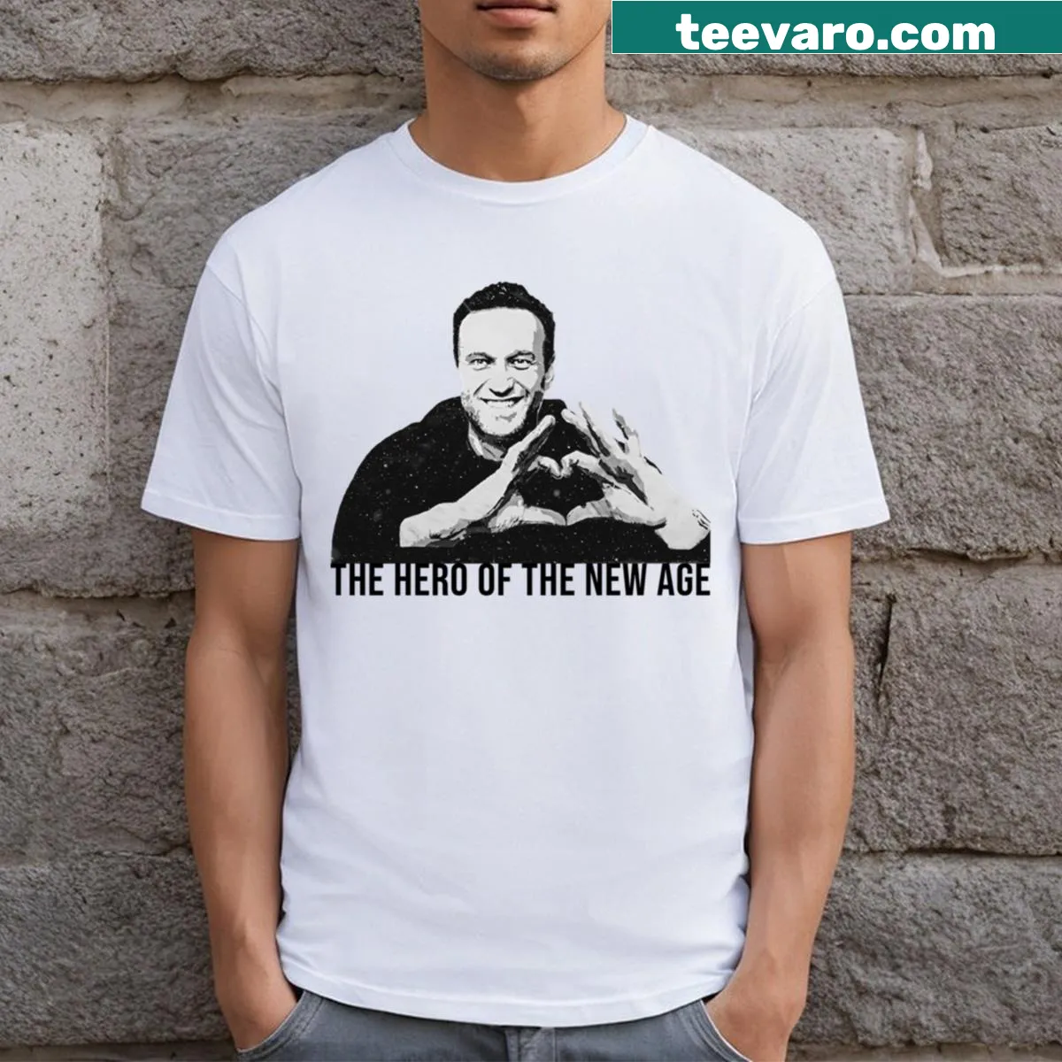 T-shirt with the words 'Pray for Navalny' in bold typography — on a men's t-shirt