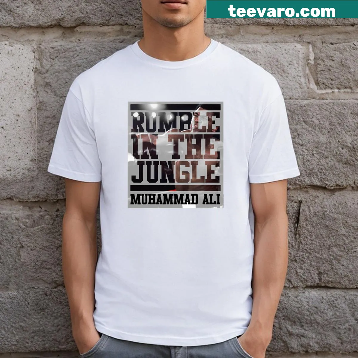 Vintage-style T-shirt with 'Rumble In The Jungle' text — on a men's t-shirt