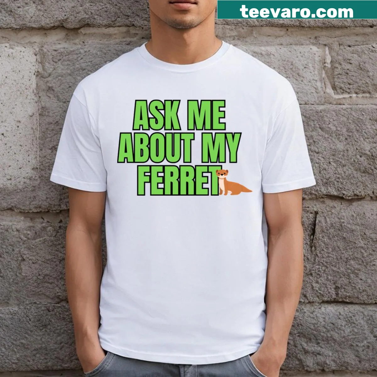 Text t-shirt inviting others to ask about ferrets, fun graphic design — on a men's t-shirt