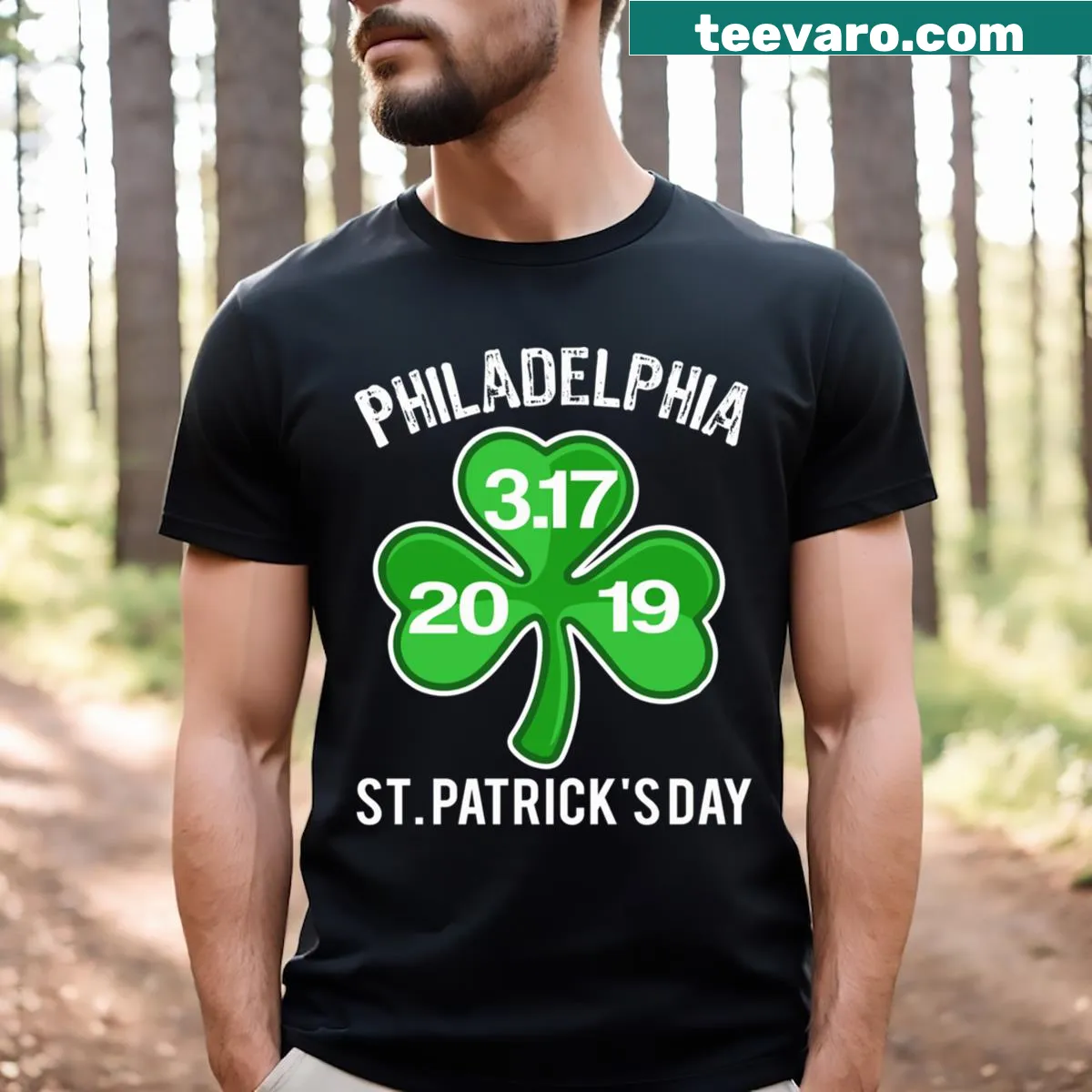 Philadelphia-themed St. Patrick's Day t-shirt featuring festive graphics. — on a men's t-shirt