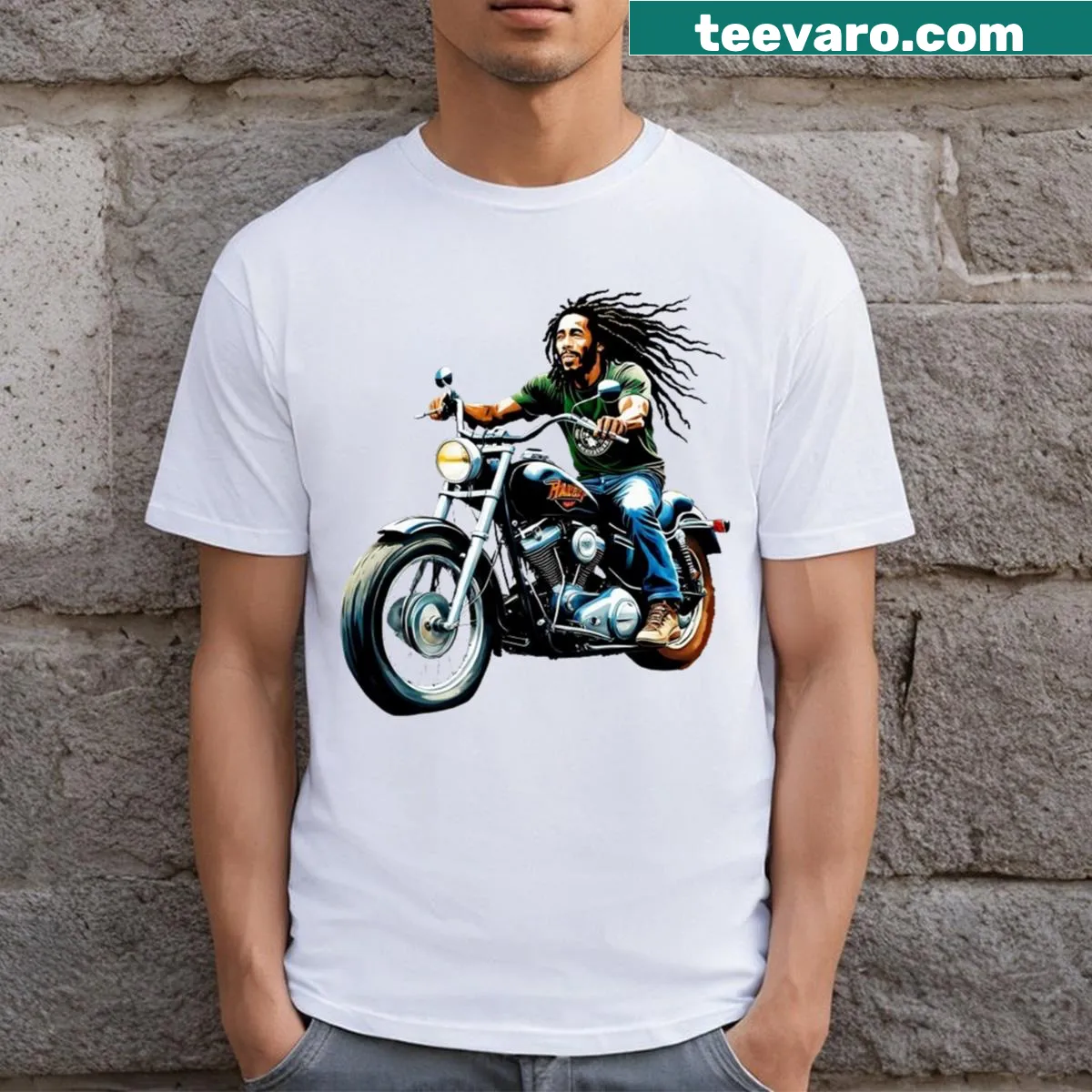 Stylized T-shirt featuring an illustration of Bob Marley, celebrating his music — on a men's t-shirt
