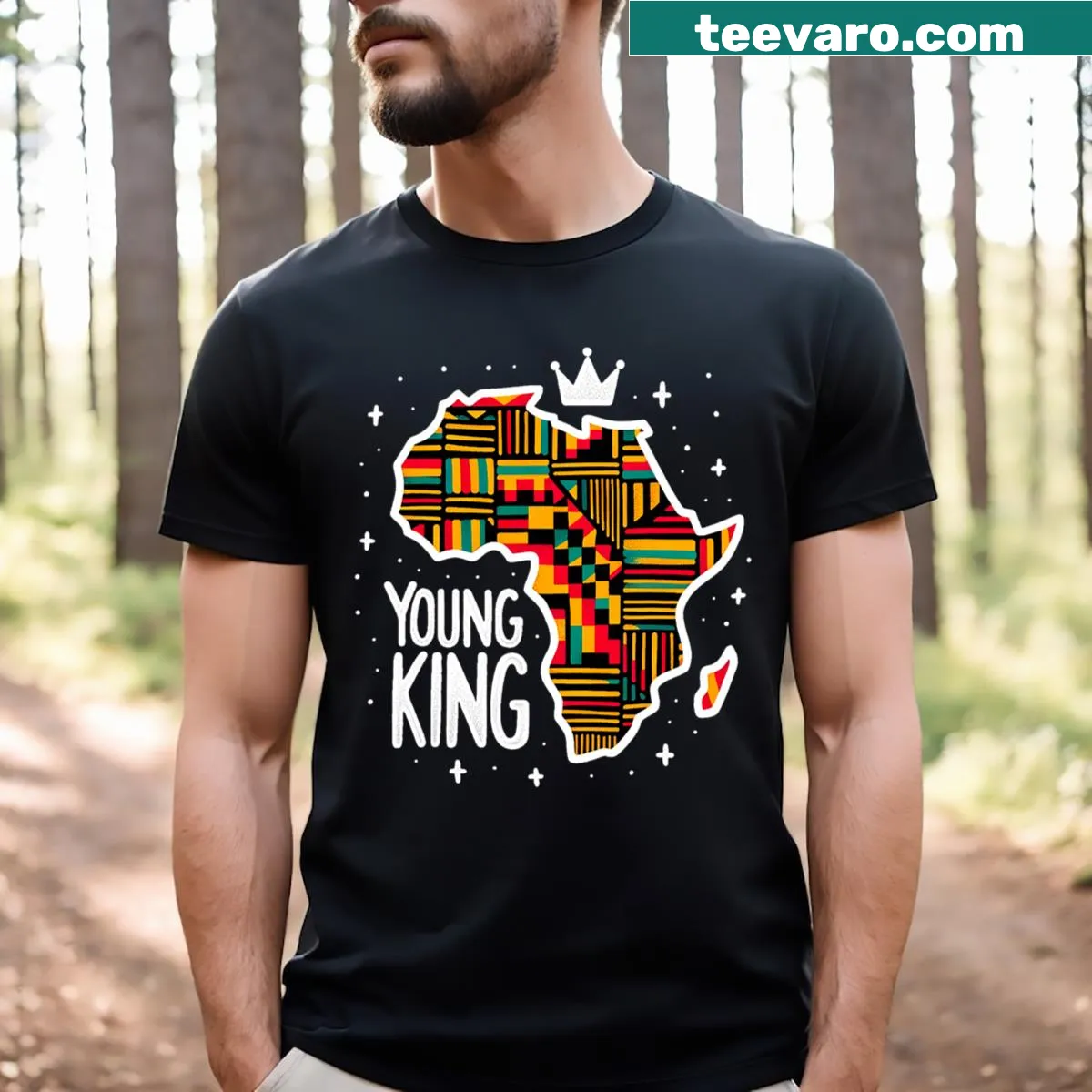 Youth T-shirt featuring playful African Kente print design — on a men's t-shirt