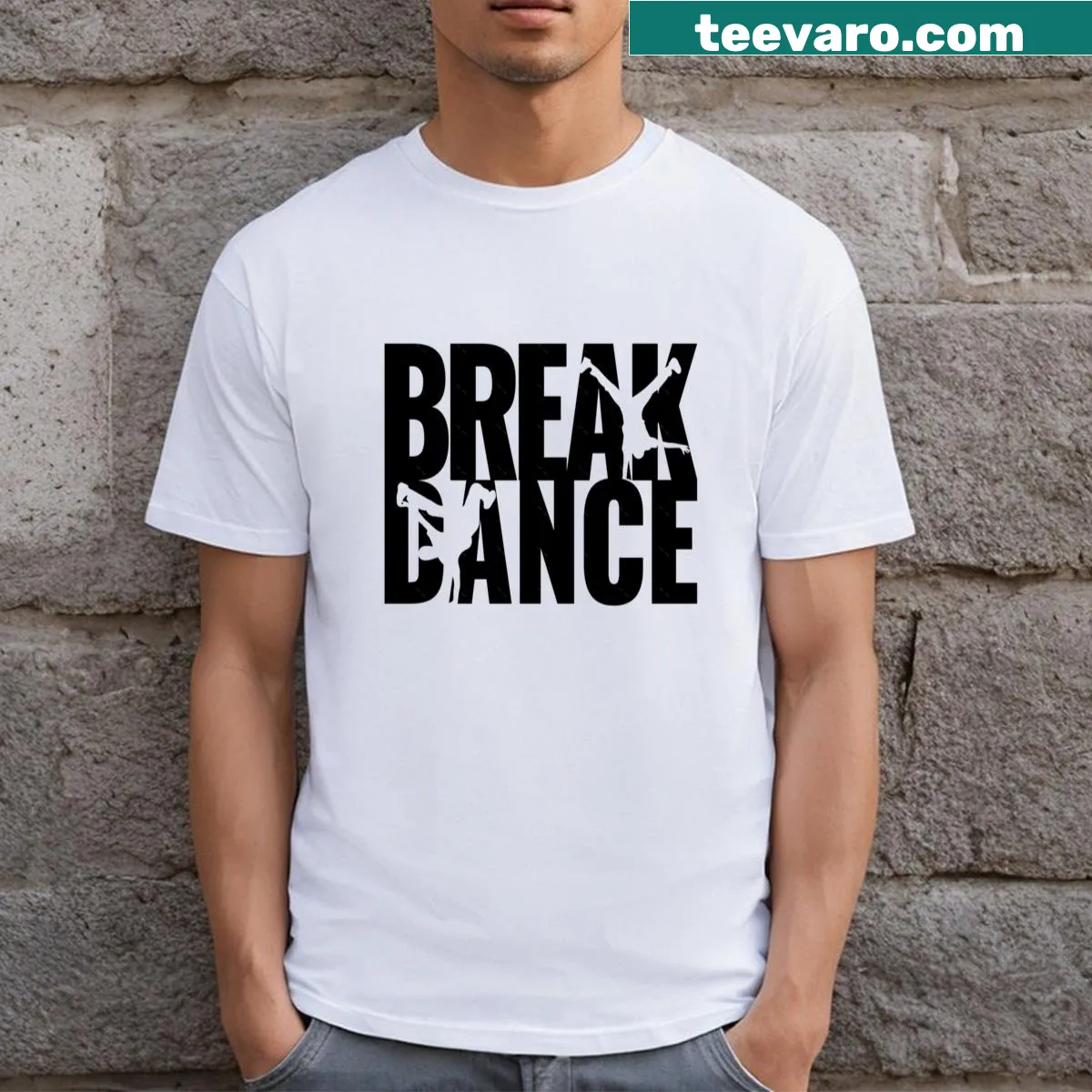 Dynamic graphic t-shirt representing breakdancing and hip hop culture. — on a men's t-shirt