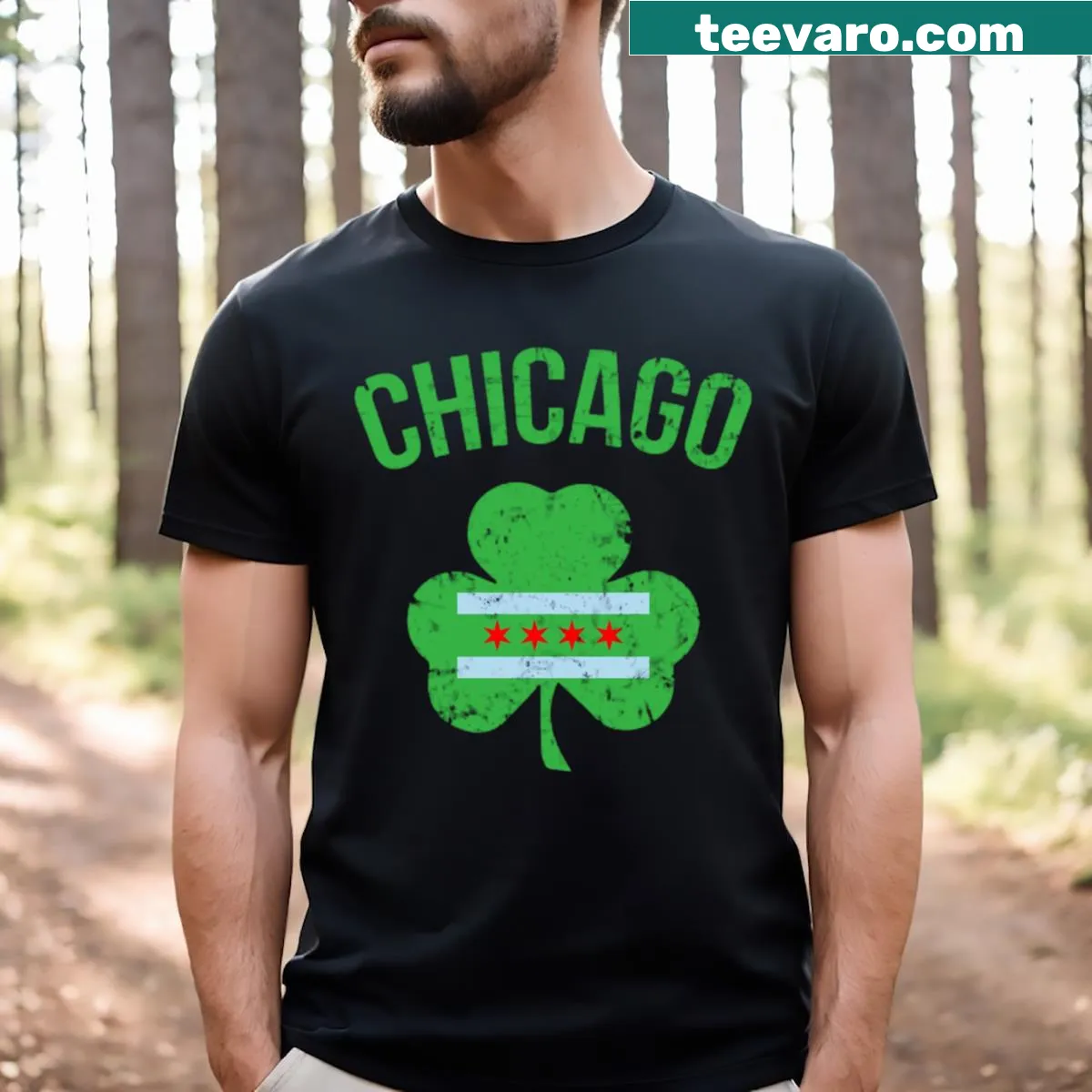 Chicago St Patricks Day t-shirt with shamrock design — on a men's t-shirt
