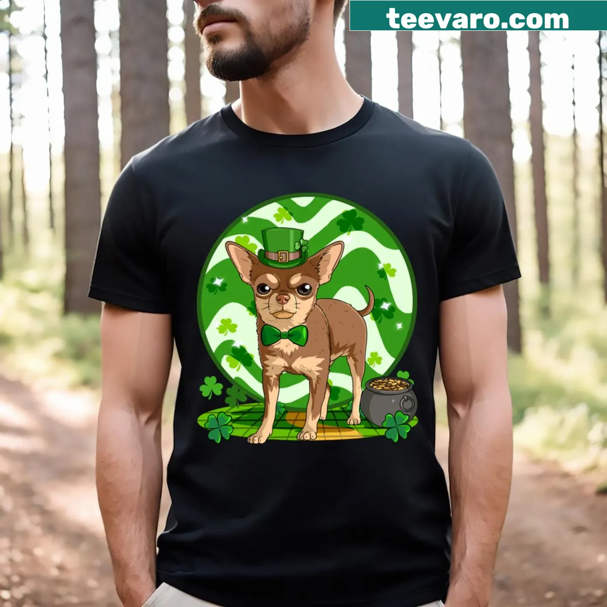 Chihuahua dressed as a leprechaun on St. Patrick's Day t-shirt — on a men's t-shirt