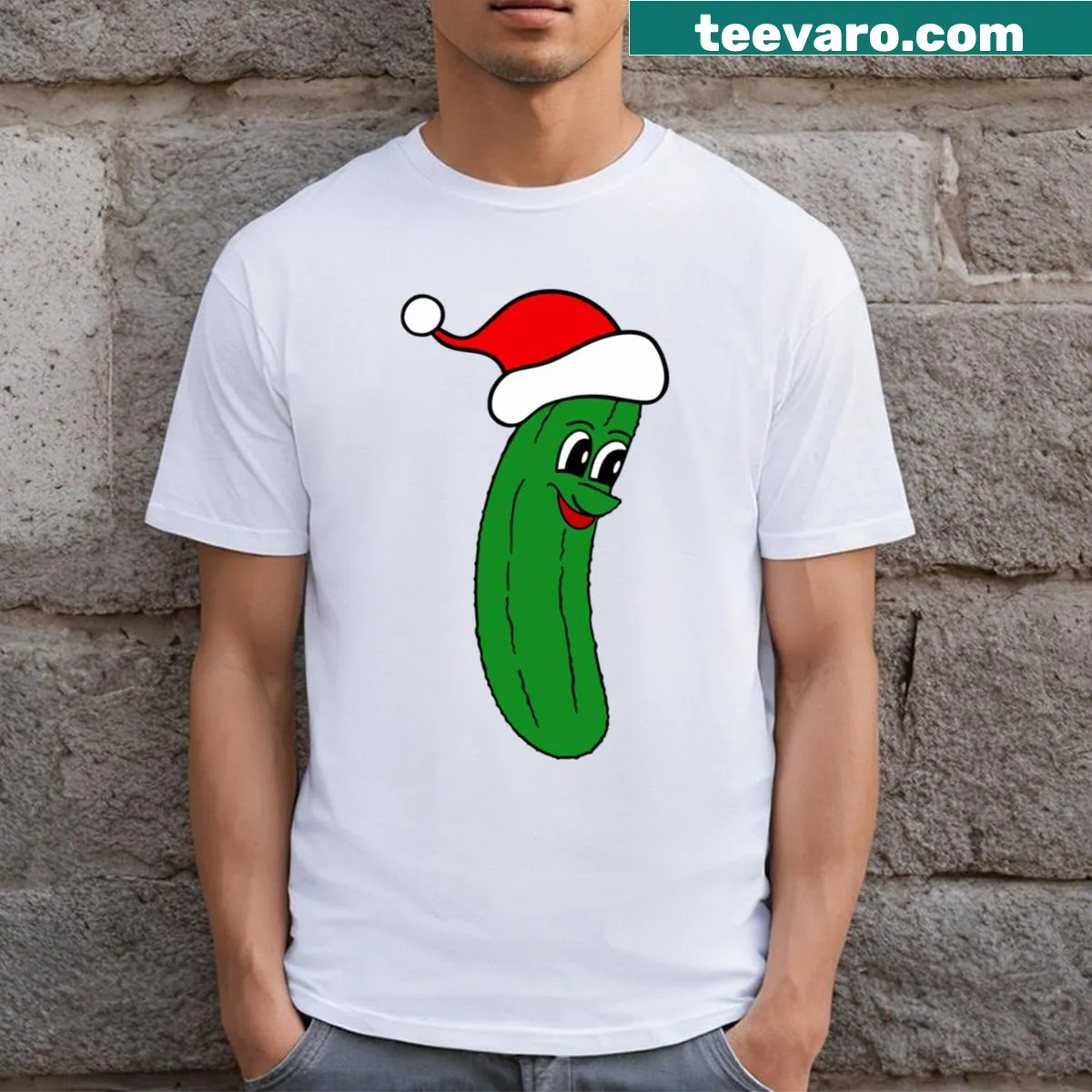 Cartoon dill pickle wearing holiday attire on funny Christmas t-shirt — on a men's t-shirt