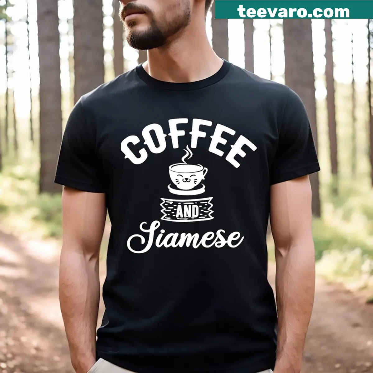 Coffee and Siamese cat lover t-shirt with playful graphic — on a men's t-shirt