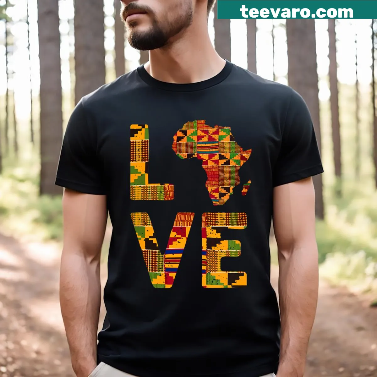 Africa map T-shirt featuring traditional Kente cloth design — on a men's t-shirt