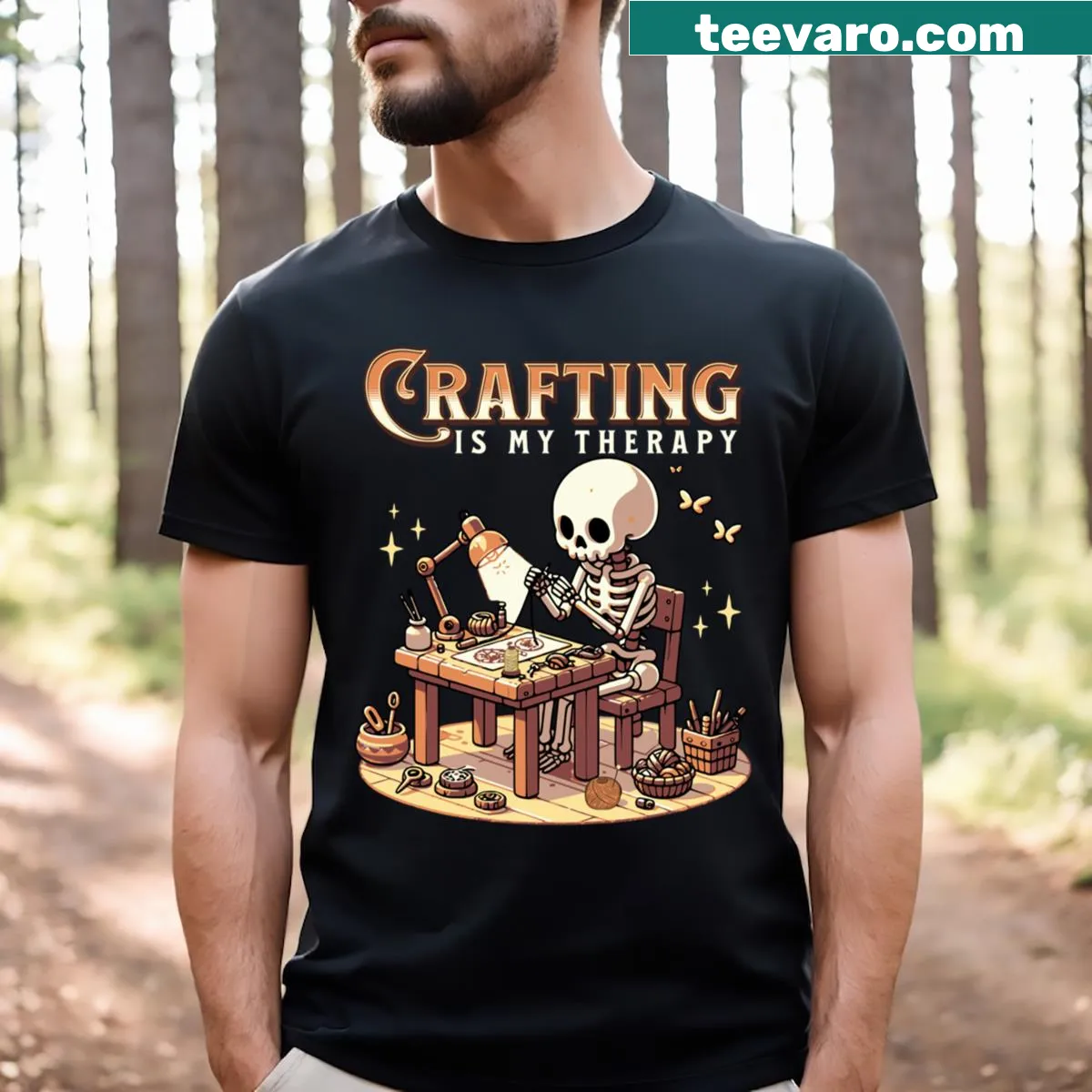 Humorous text 'Crafting Is My Therapy' T-shirt — on a men's t-shirt
