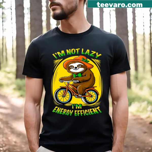 Cartoon sloth riding a bicycle with funny quotes on a t-shirt