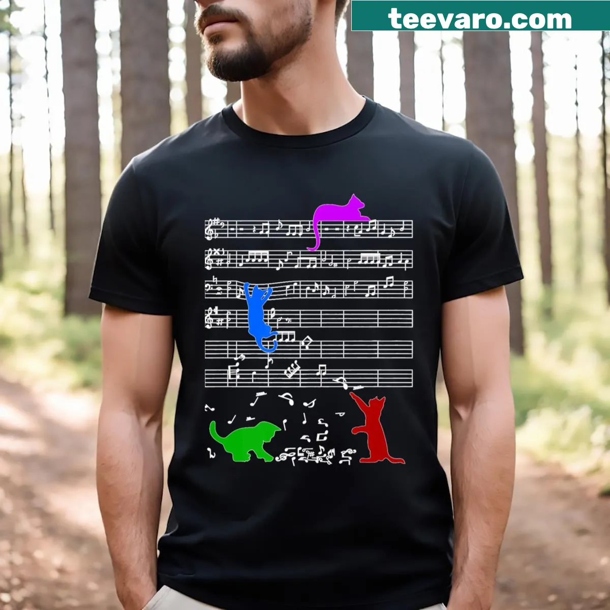 Cat illustration with music notes and piano on T-shirt — on a men's t-shirt