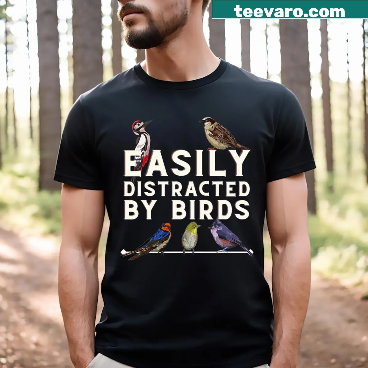 Funny 'Easily Distracted By Birds' T-shirt for bird lovers — on a men's t-shirt