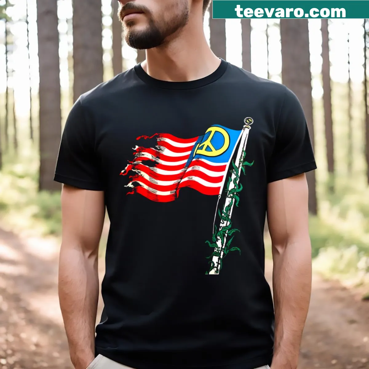 Illustrated t-shirt featuring a peace flag graphic — on a men's t-shirt