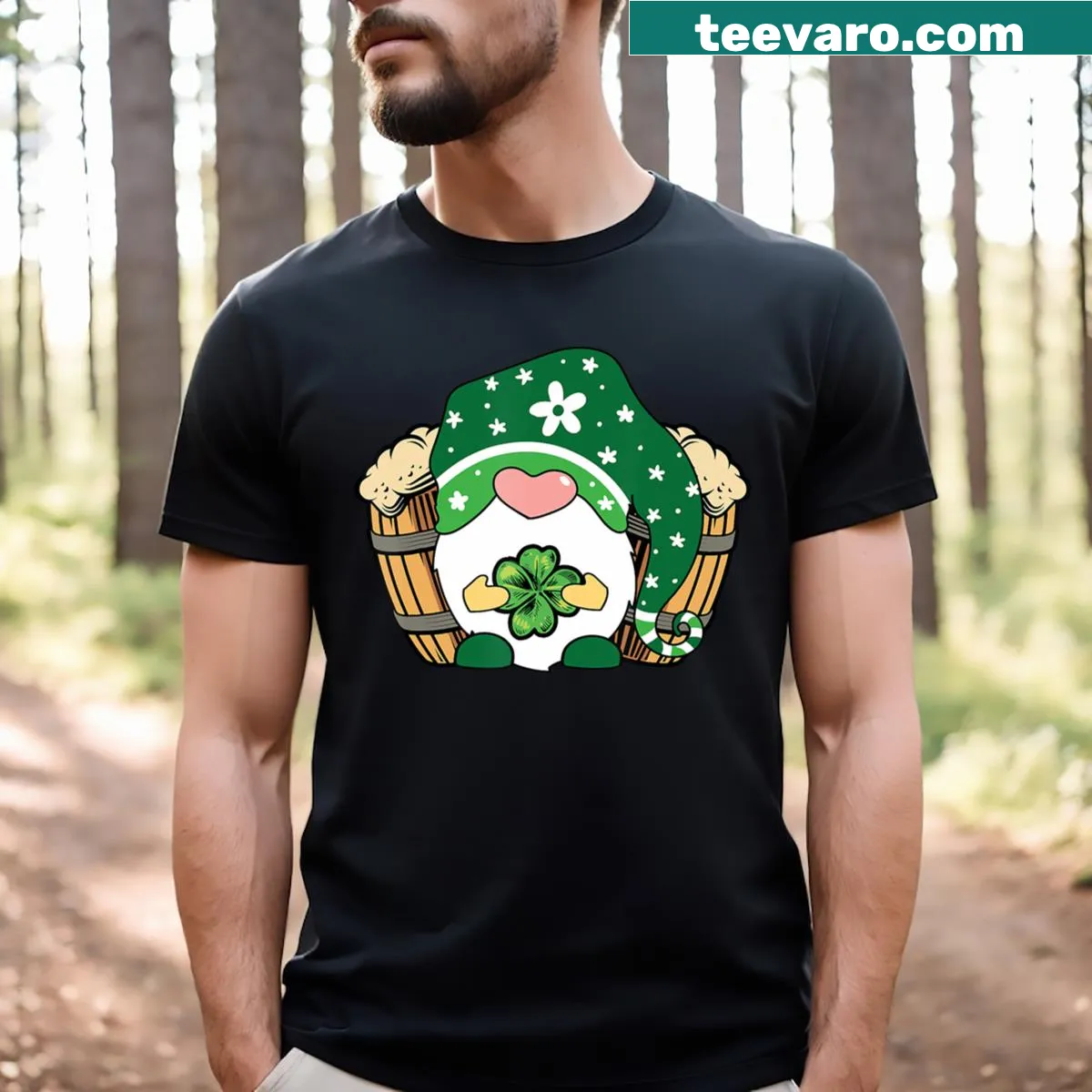 Gnome holding a heart-shaped shamrock on T-shirt — on a men's t-shirt