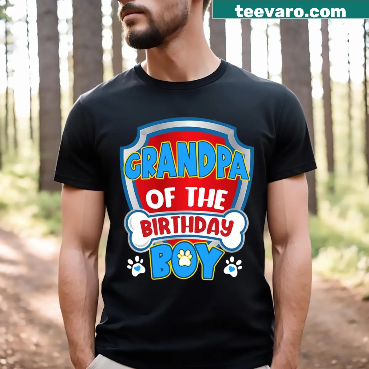 Typography design stating 'Grandpa Of The Birthday Boy' with dog paw prints. — on a men's t-shirt
