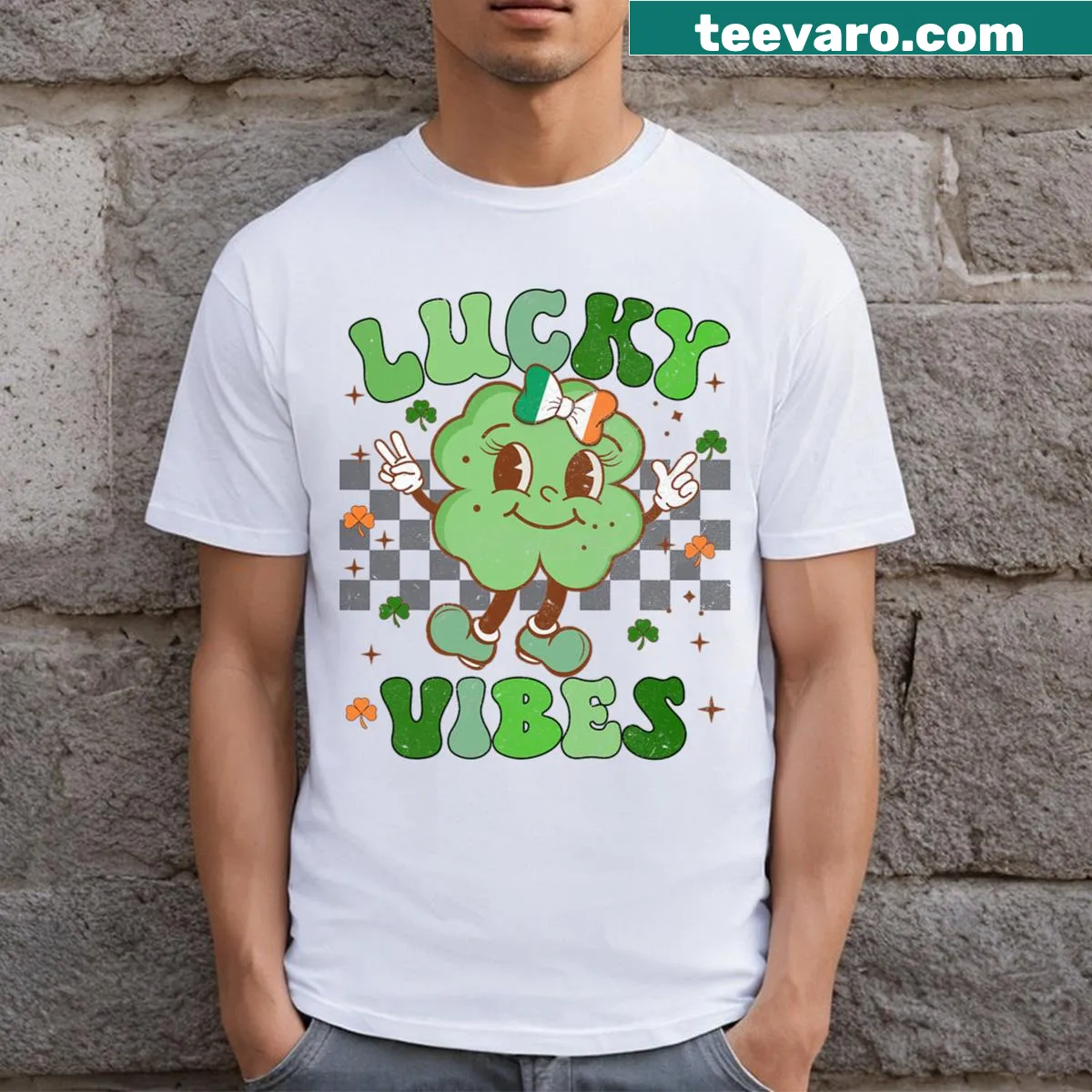 Typography T-shirt with Lucky Vibes text for St. Patrick's Day — on a men's t-shirt