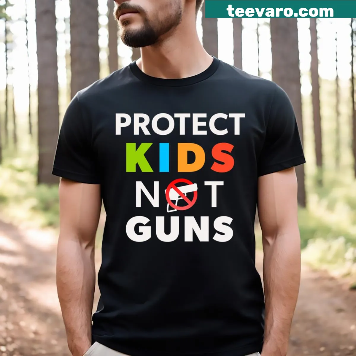 T-shirt with gun control message: Protect Kids Not Guns — on a men's t-shirt