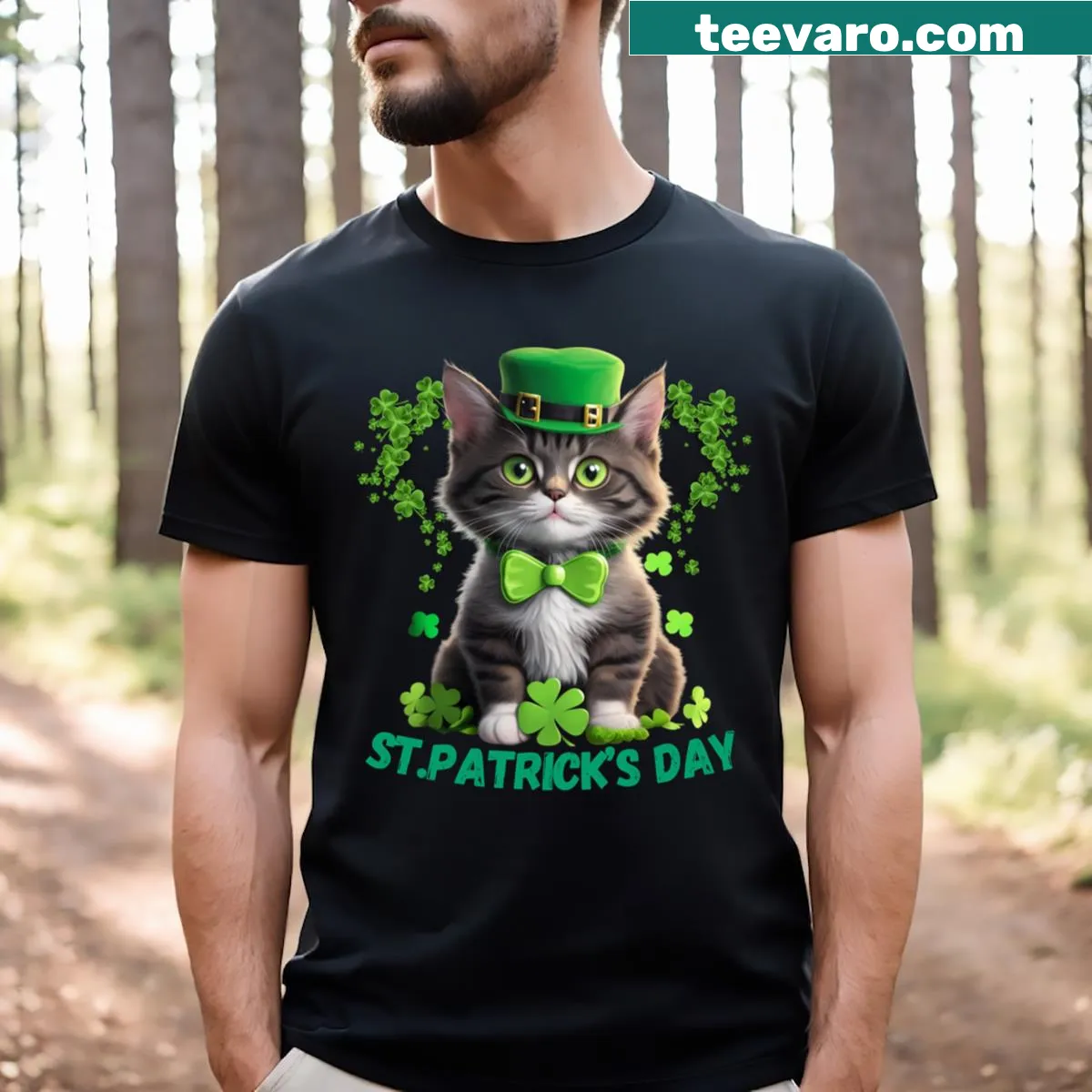 Whimsical St. Patrick's Day T-shirt featuring a funny green cat — on a men's t-shirt