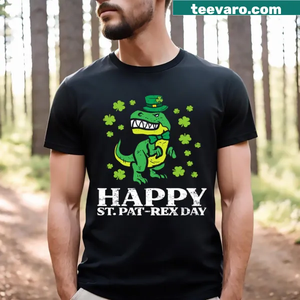 Cute cartoon T-shirt featuring a T-rex for St. Patrick's Day.