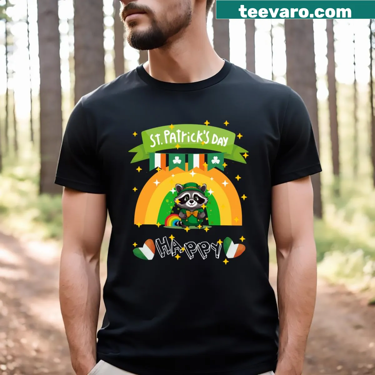Funny T-shirt with a raccoon and St. Patrick's Day theme — on a men's t-shirt