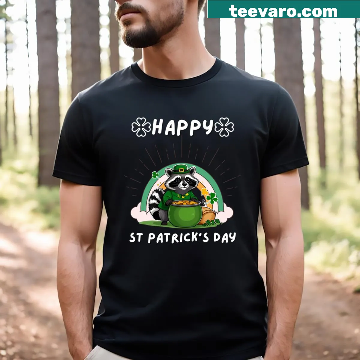 T-shirt featuring a funny raccoon and St. Patrick's Day graphics — on a men's t-shirt