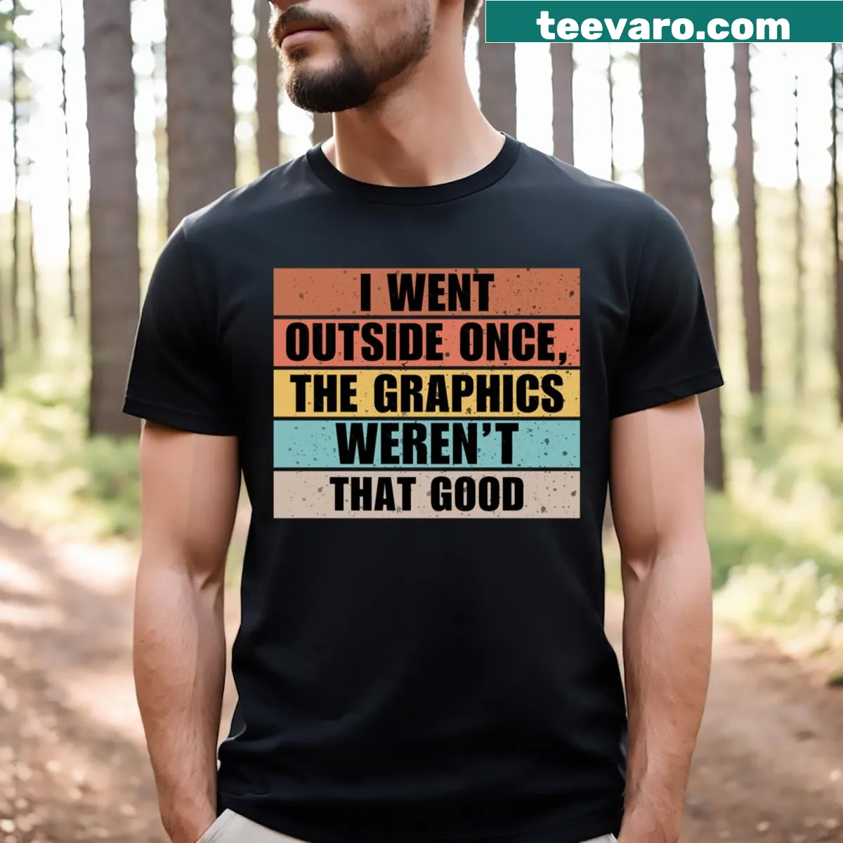 Funny gamer shirt with cartoonish graphics about going outside — on a men's t-shirt