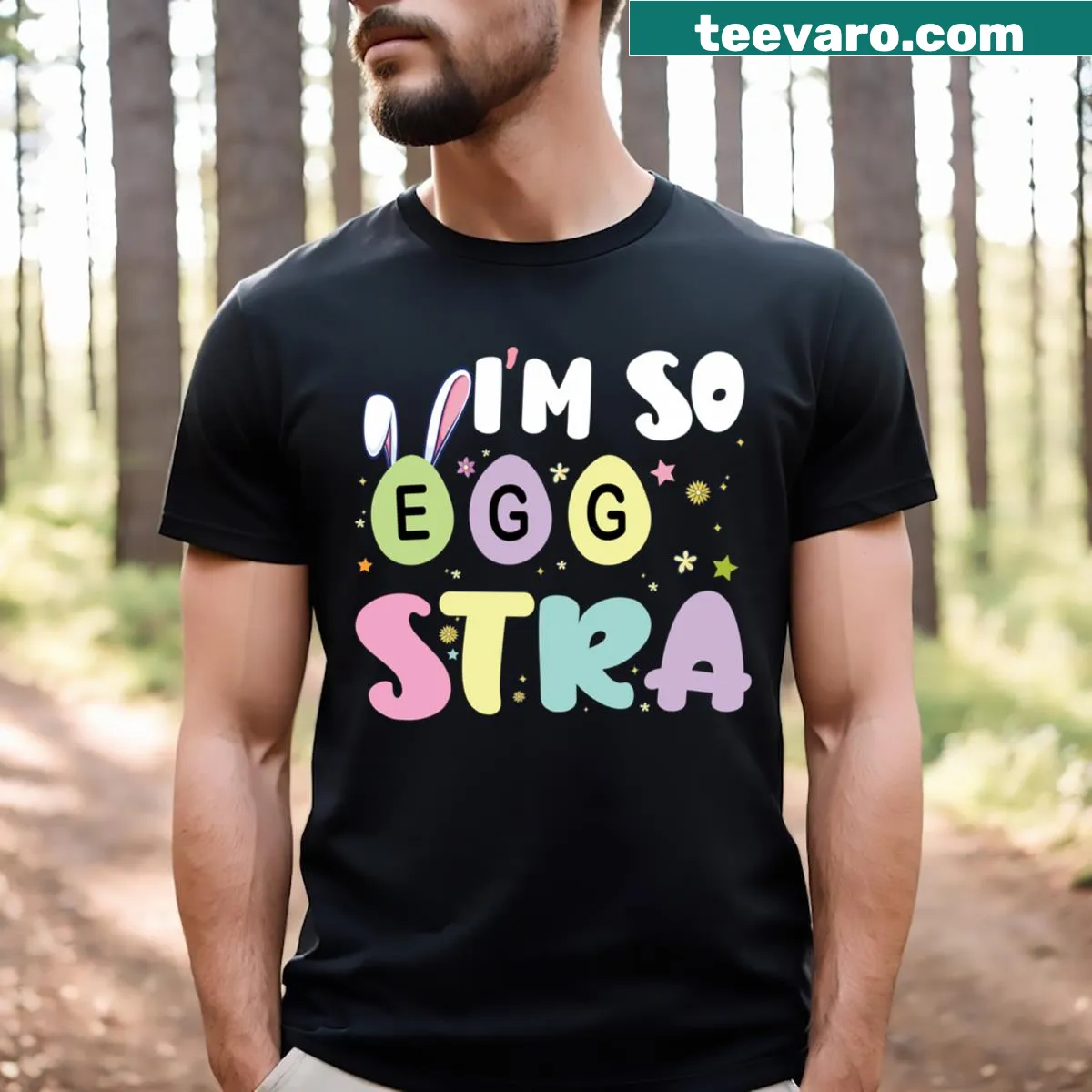 Funny Easter t-shirt with I'm So Egg Stra text — on a men's t-shirt
