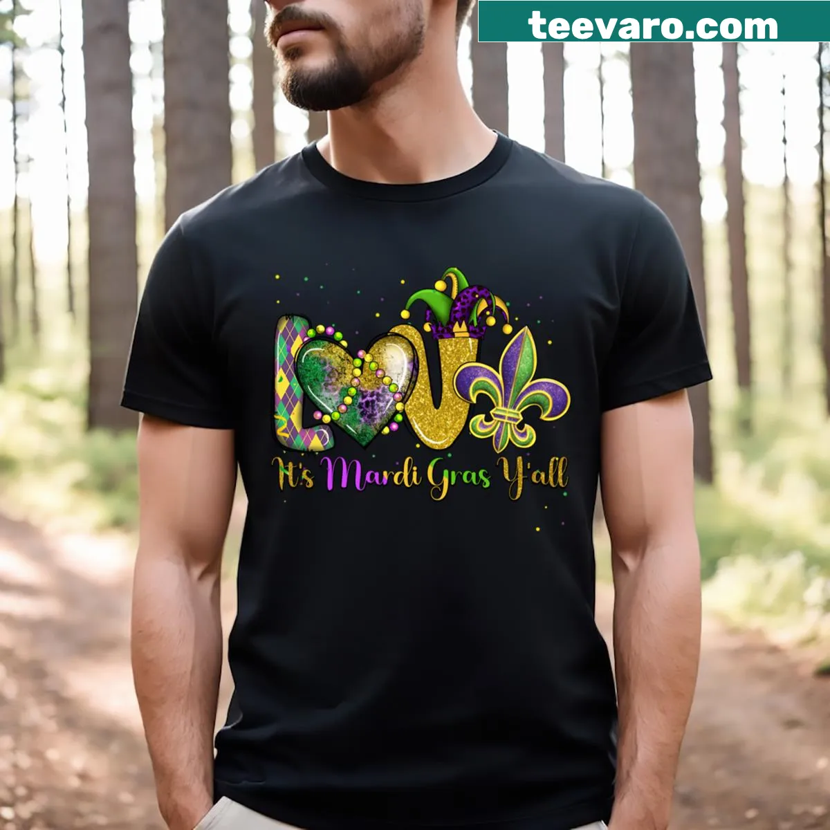 Mardi Gras themed heart graphic T-shirt — on a men's t-shirt