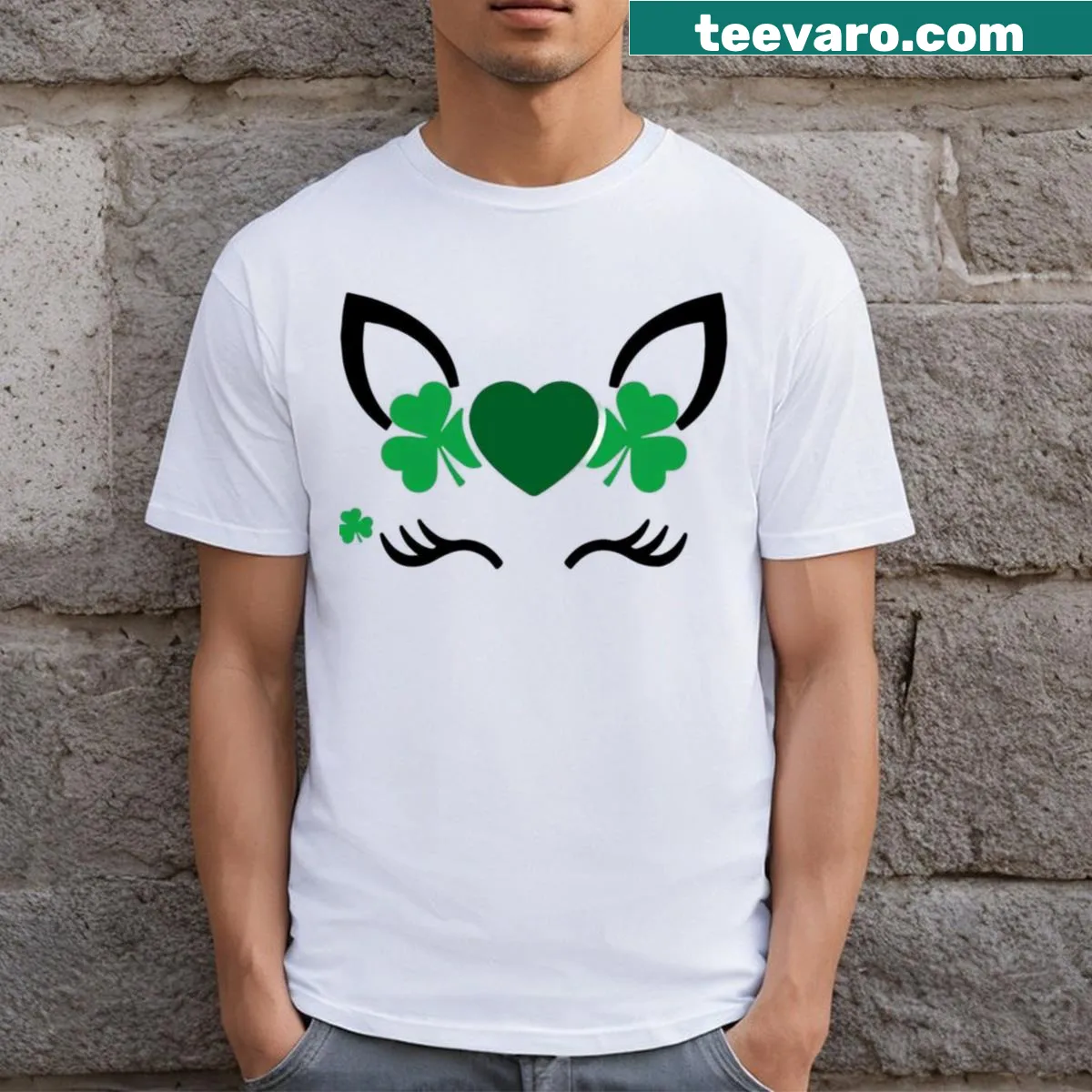 Cute unicorn face and shamrocks design on a St. Patrick's Day T-shirt for kids — on a men's t-shirt