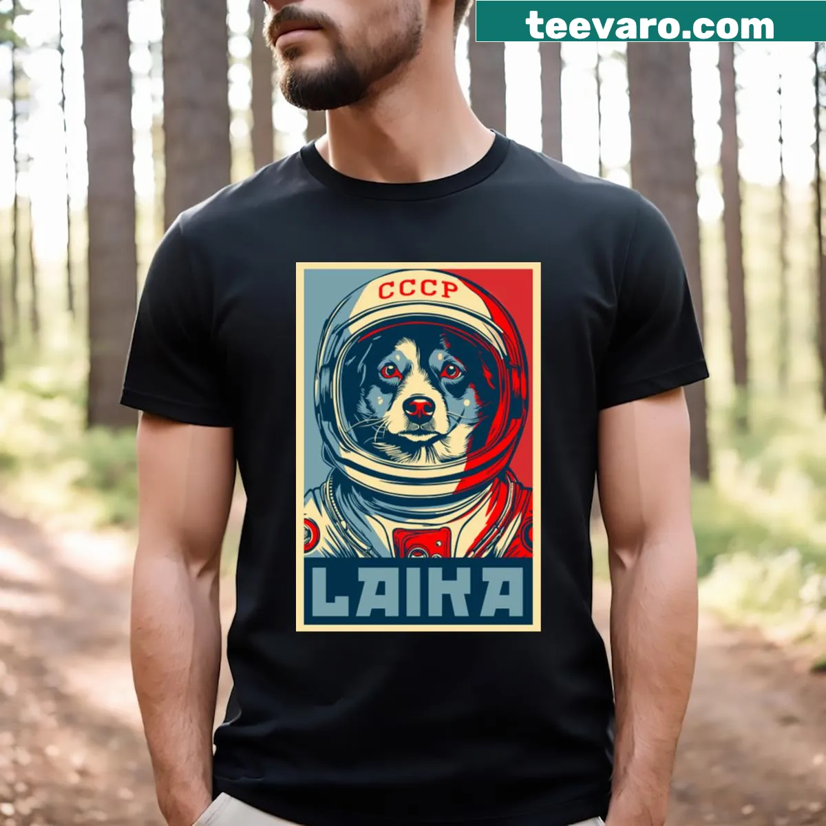 Illustration of Laika the dog in space on a t-shirt. — on a men's t-shirt