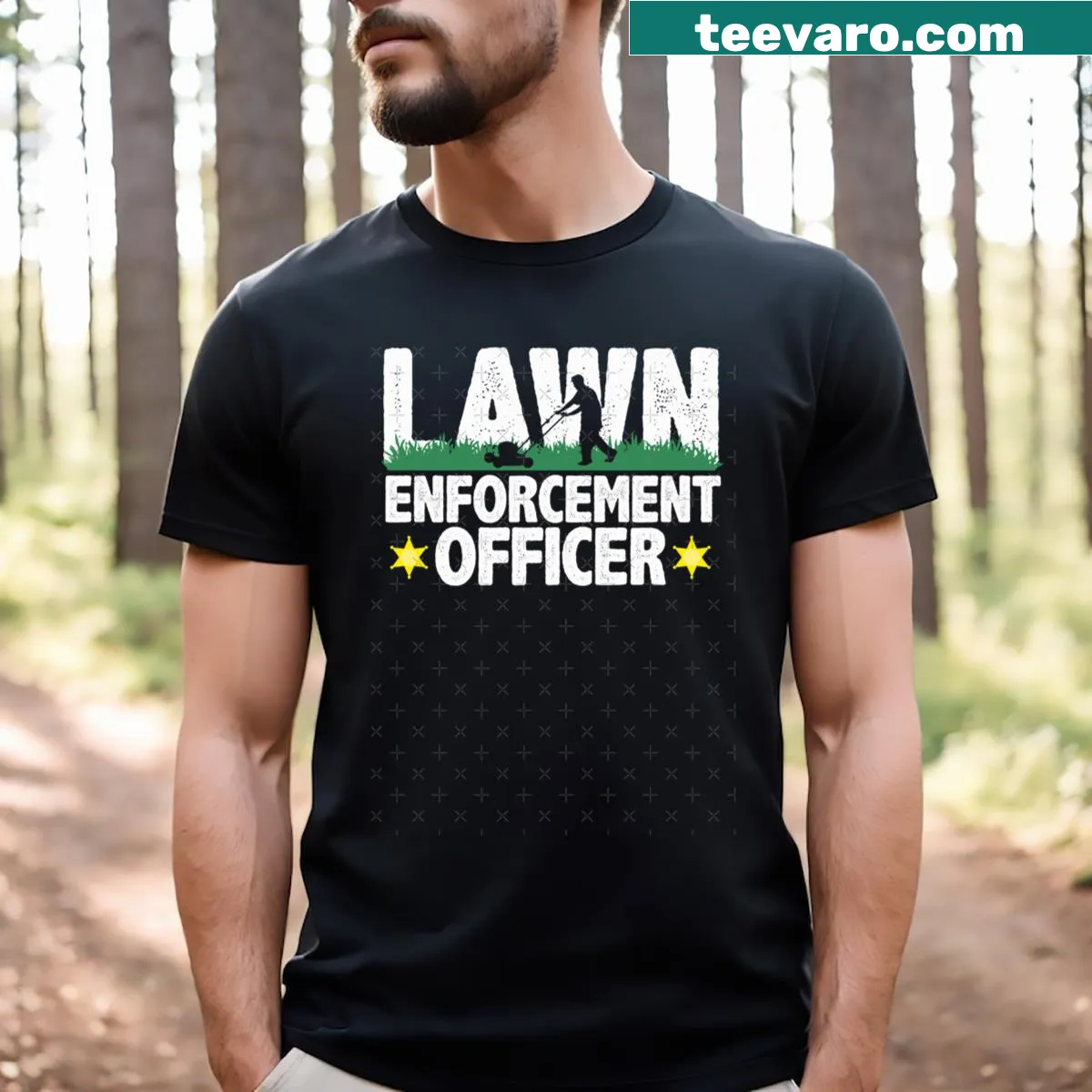 Funny graphic of a lawn enforcement badge on a gardening t-shirt — on a men's t-shirt