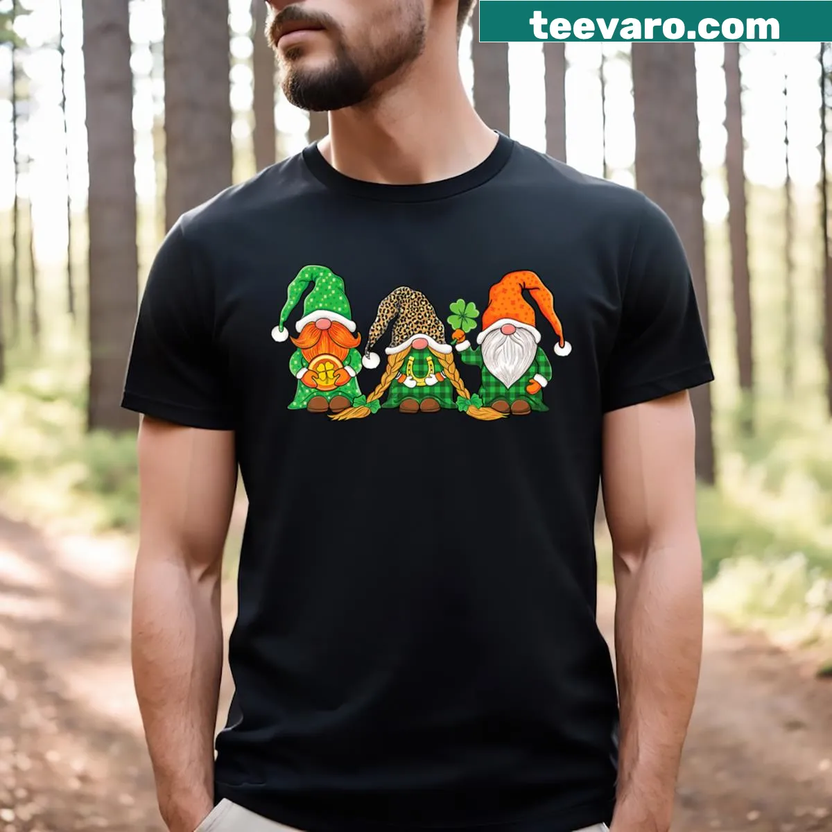 St. Patrick's Day gnomes T-shirt with plaid design — on a men's t-shirt