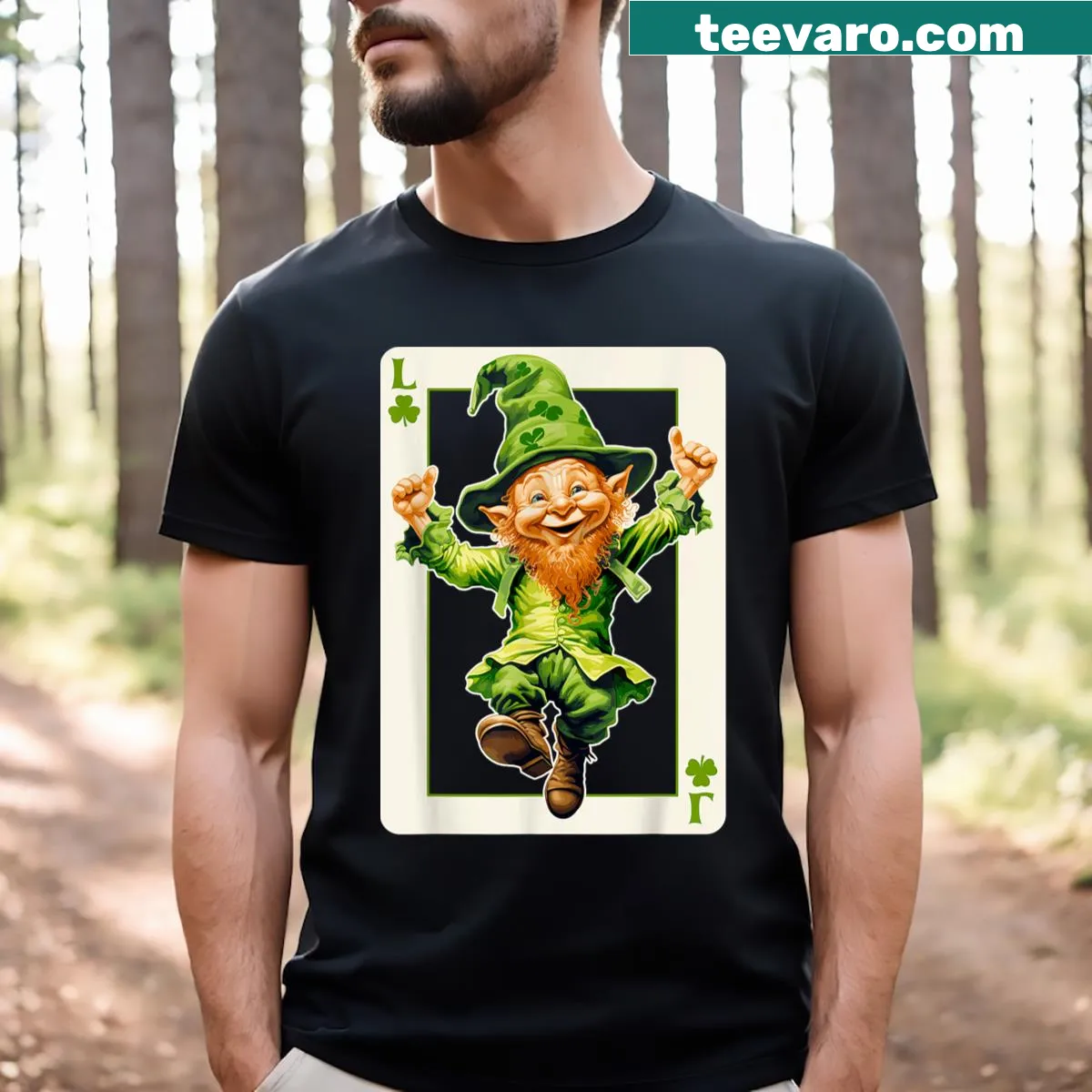 Men's t-shirt featuring leprechaun and shamrock design for St. Patrick's Day. — on a men's t-shirt