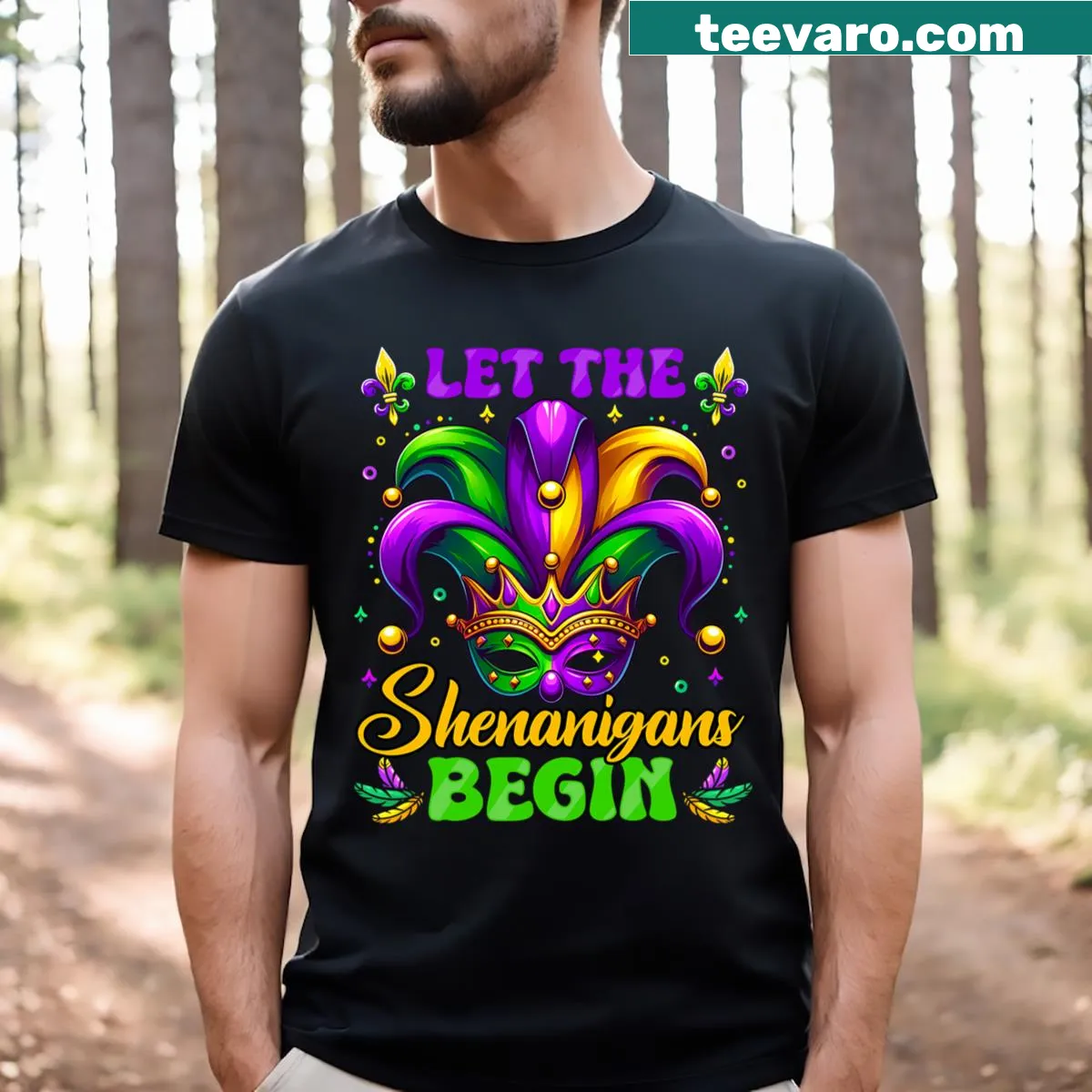 Playful Mardi Gras themed t-shirt with shenanigans text — on a men's t-shirt