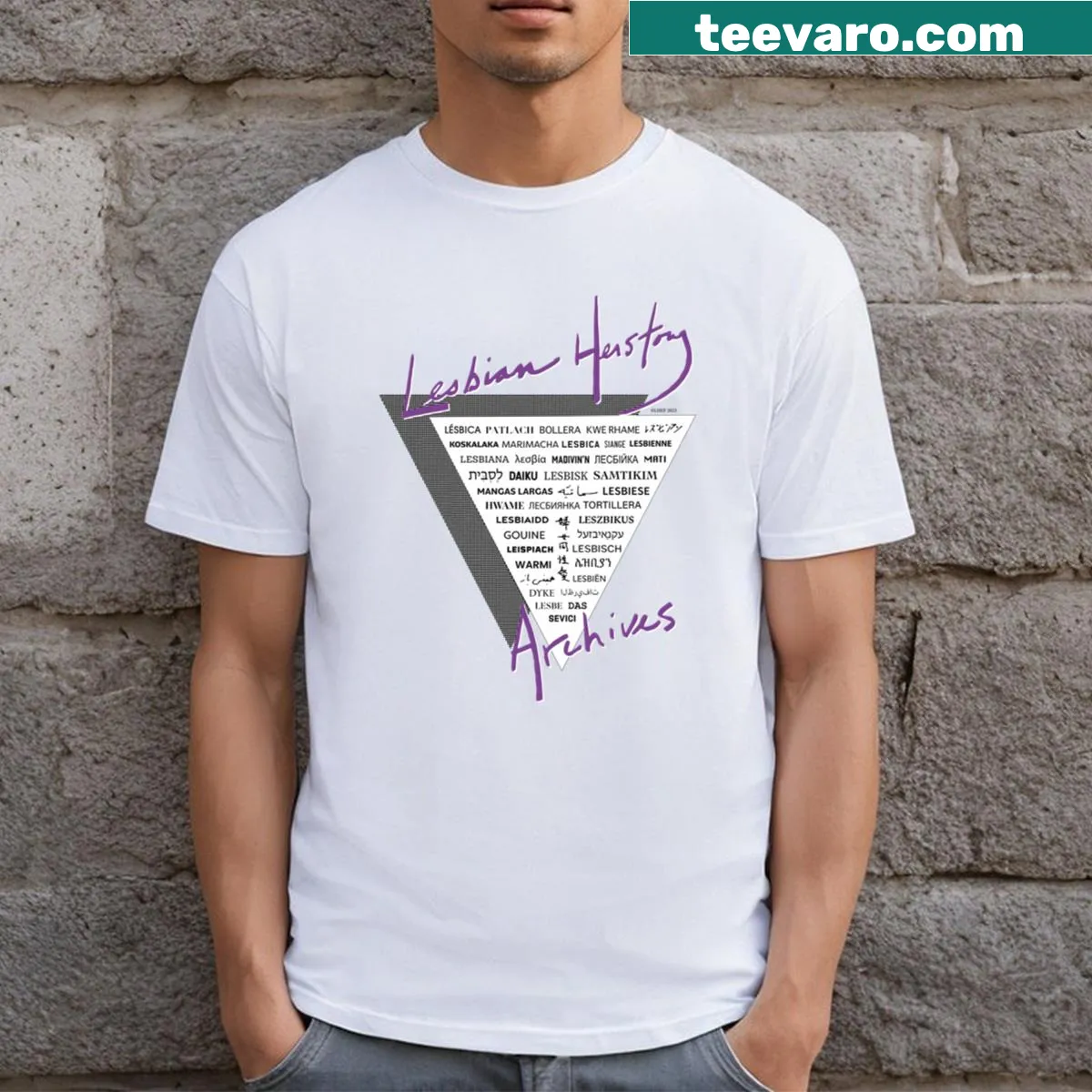 Typography t-shirt featuring the word lesbian in 40 languages — on a men's t-shirt