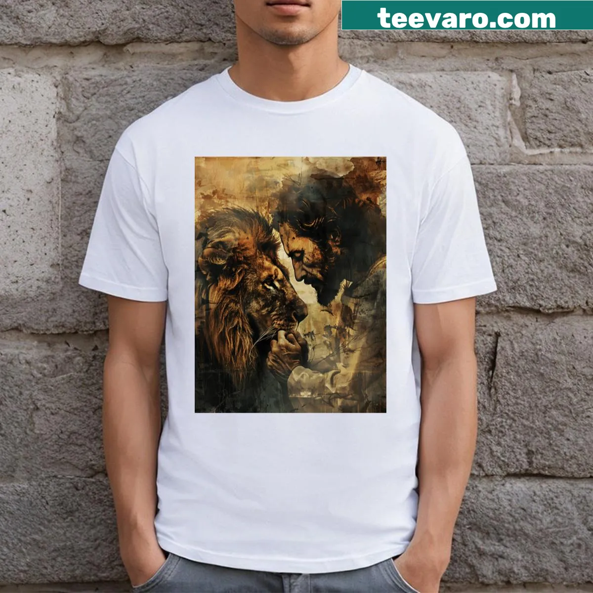 Christian t-shirt featuring a lion and Jesus imagery — on a men's t-shirt