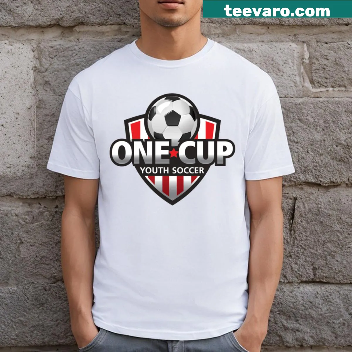 American football team logo T-shirt with bold graphic design — on a men's t-shirt