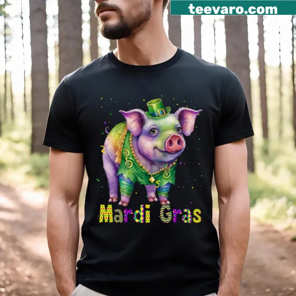 Cartoon pig with Mardi Gras beads and hat on T-shirt